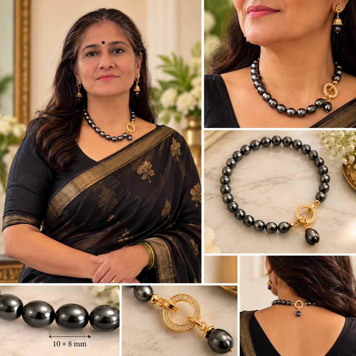 AABHA Black Oval Shell Pearl Necklace – Golden Toggle Clasp