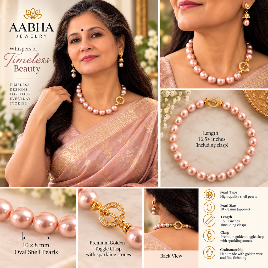 Soft Pink Oval Shell Pearl Necklace with Crystal Toggle Clasp