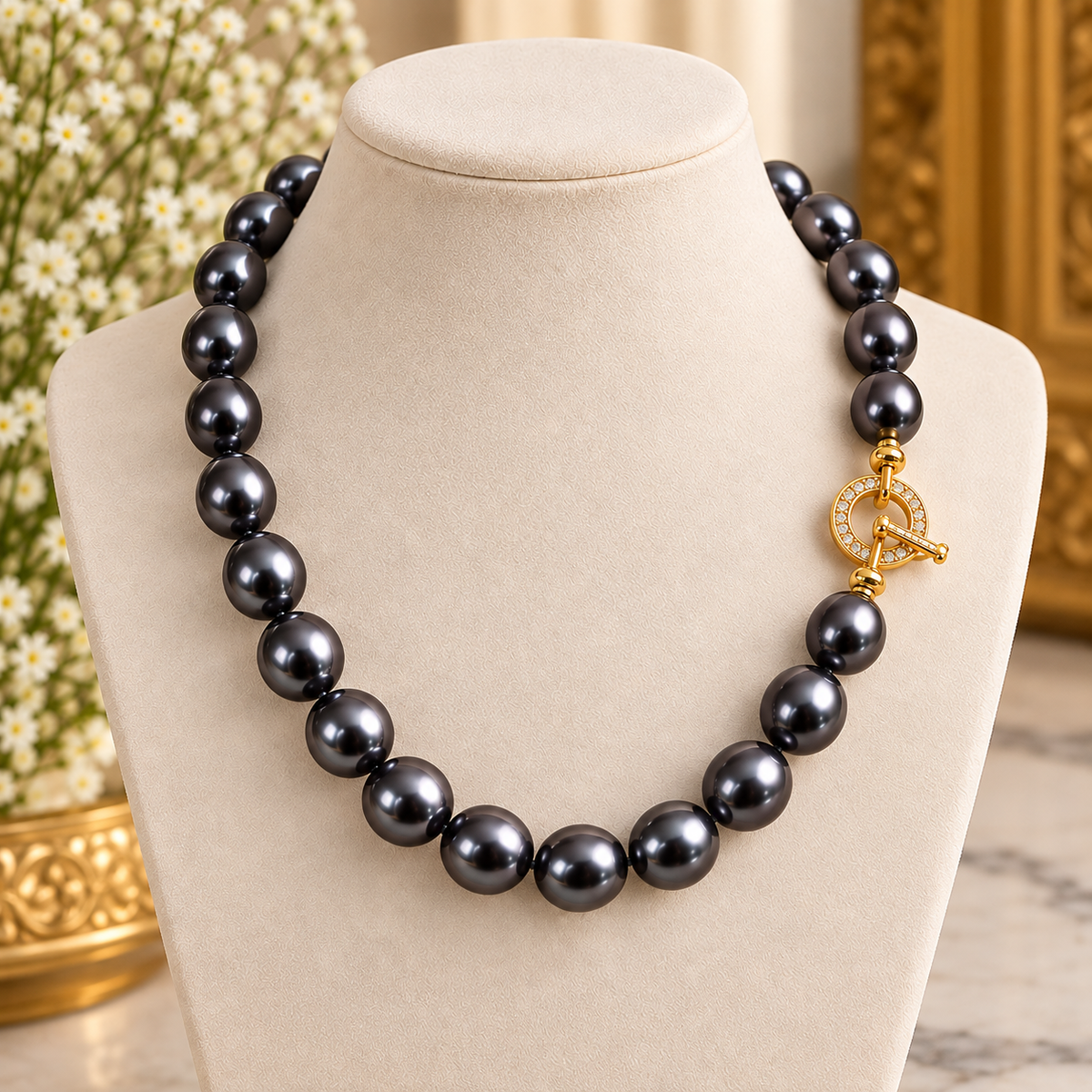 AABHA Black Oval Shell Pearl Necklace – Golden Toggle Clasp