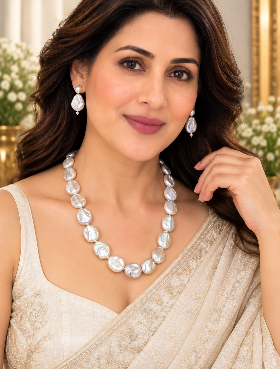 AABHA DHAVALA White Pearl Necklace Set with Matching Earrings