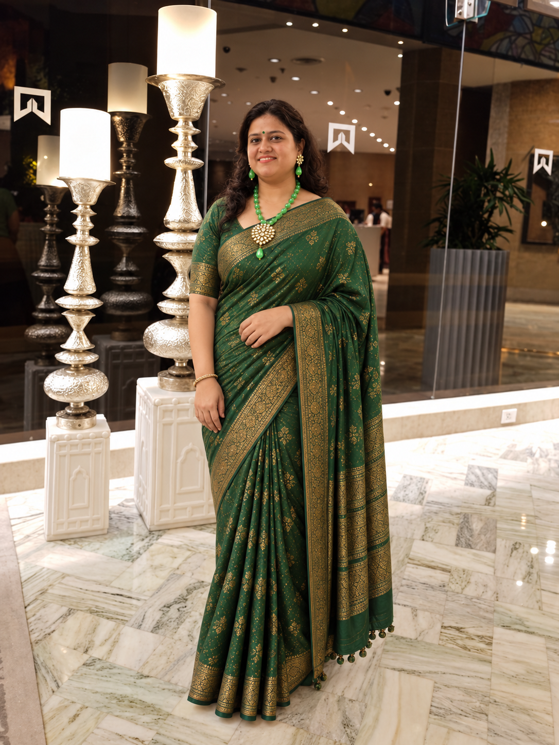 AABHA ANUPAMA Green Mona Lisa Beads Kundan Necklace Set with Matching Earrings
