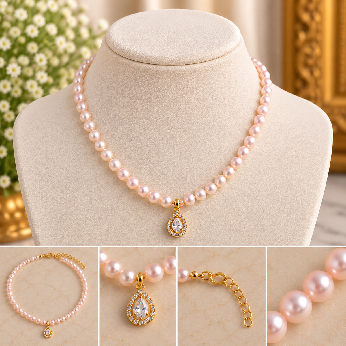 Tinted Pink Shell Pearl Necklace with Premium Pendant