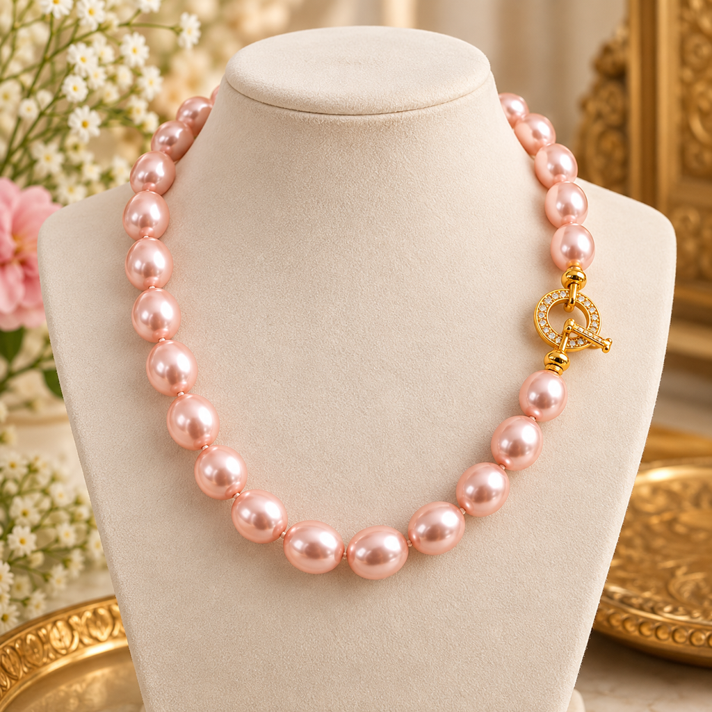 Soft Pink Oval Shell Pearl Necklace with Crystal Toggle Clasp