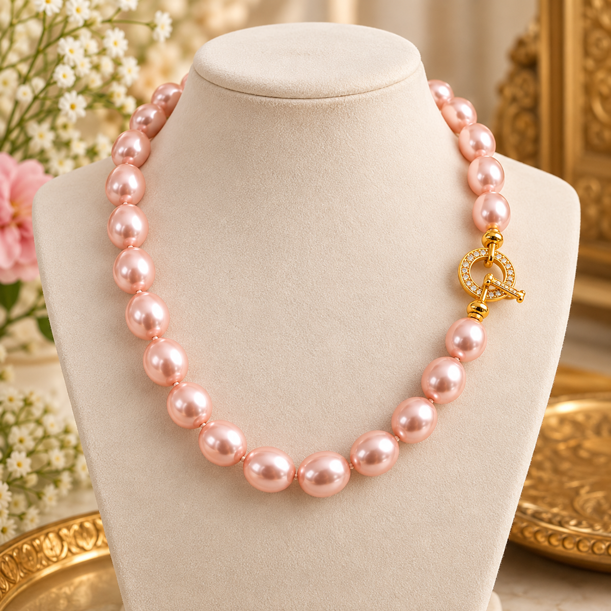 Soft Pink Oval Shell Pearl Necklace with Crystal Toggle Clasp