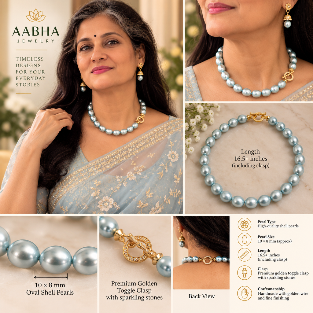 Icy Blue Shell Pearl Necklace with Crystal Toggle Clasp