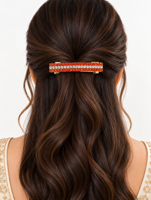 AABHA  KESARIKA Orange Crystal Gold Barrette Hair Clip