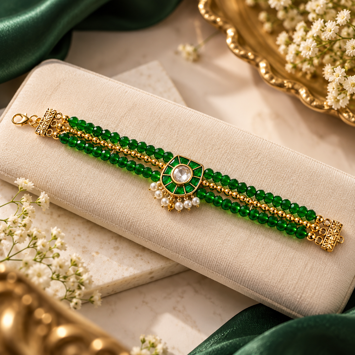 AABHA HARITVI Emerald Green Kundan Bracelet with Pearl Drop