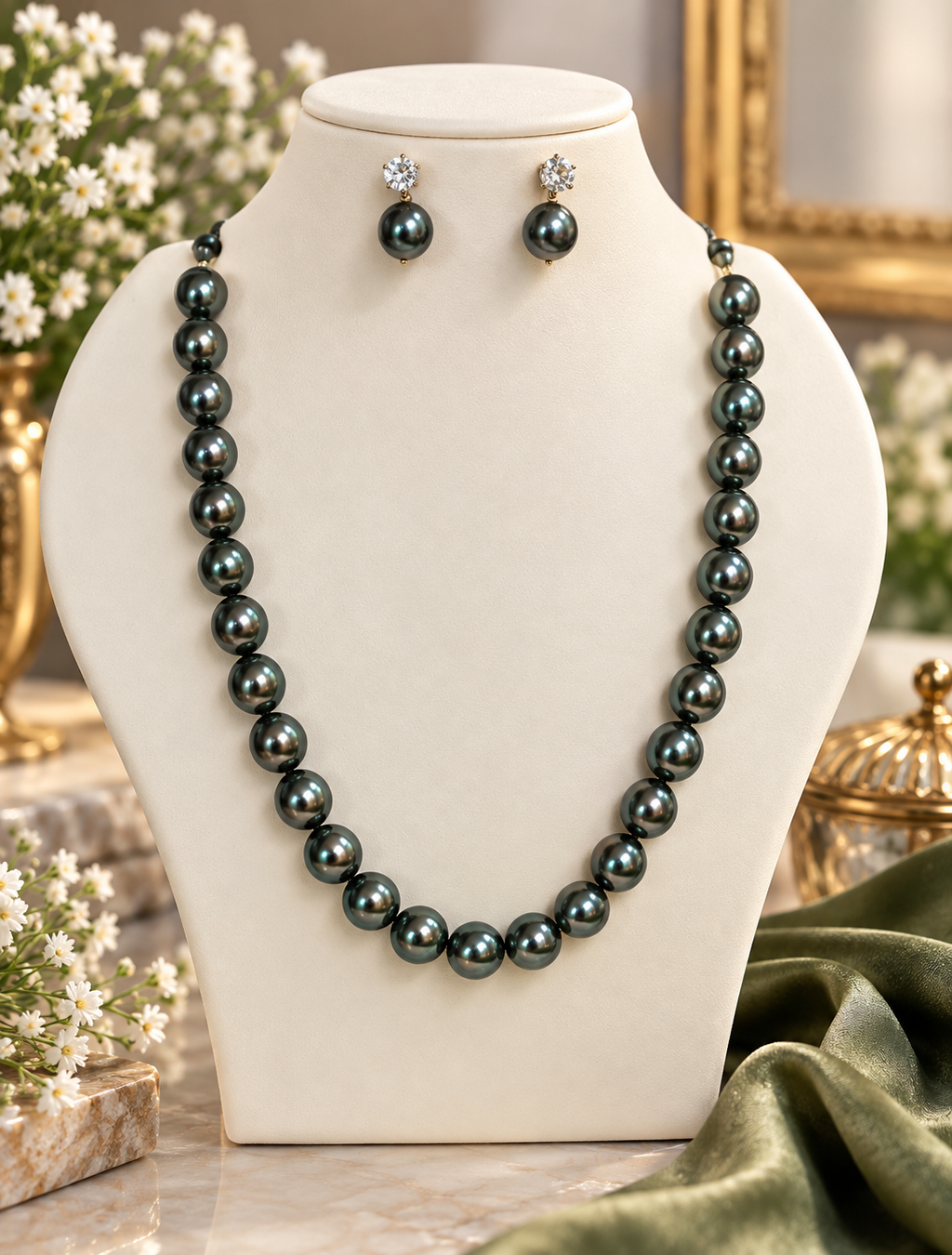AABHA SHYAMA Black Pearl Necklace Set with Matching Earrings