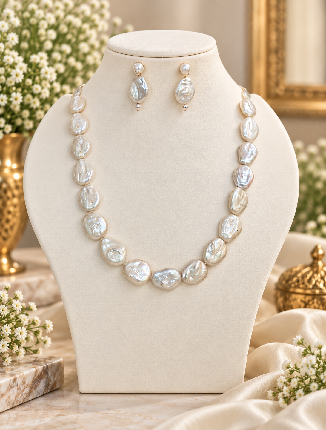 AABHA DHAVALA White Pearl Necklace Set with Matching Earrings