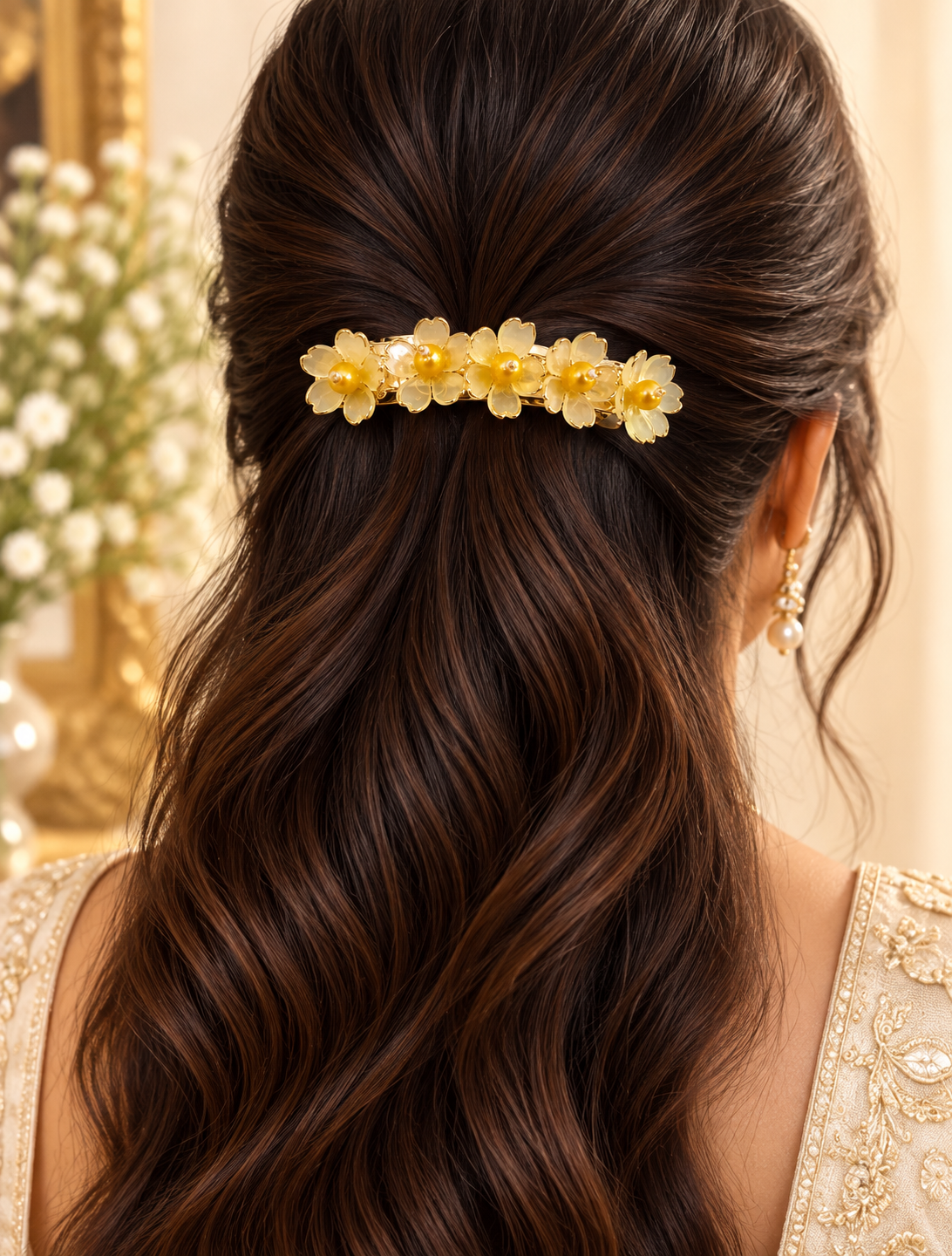 AABHA KANAKPUSHP Golden Floral Pearl Hair Barrette | Handmade Statement Hair