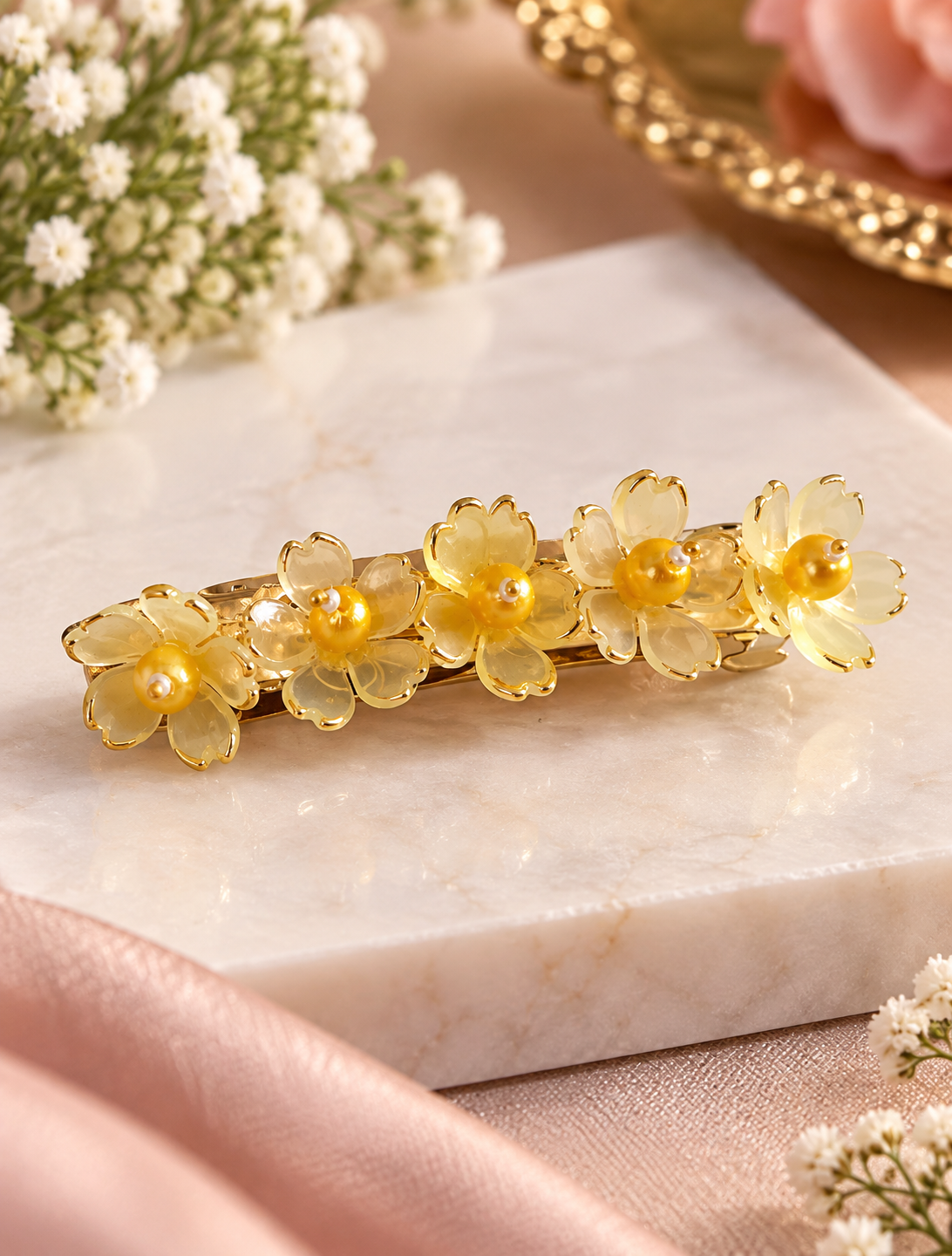 AABHA KANAKPUSHP Golden Floral Pearl Hair Barrette | Handmade Statement Hair