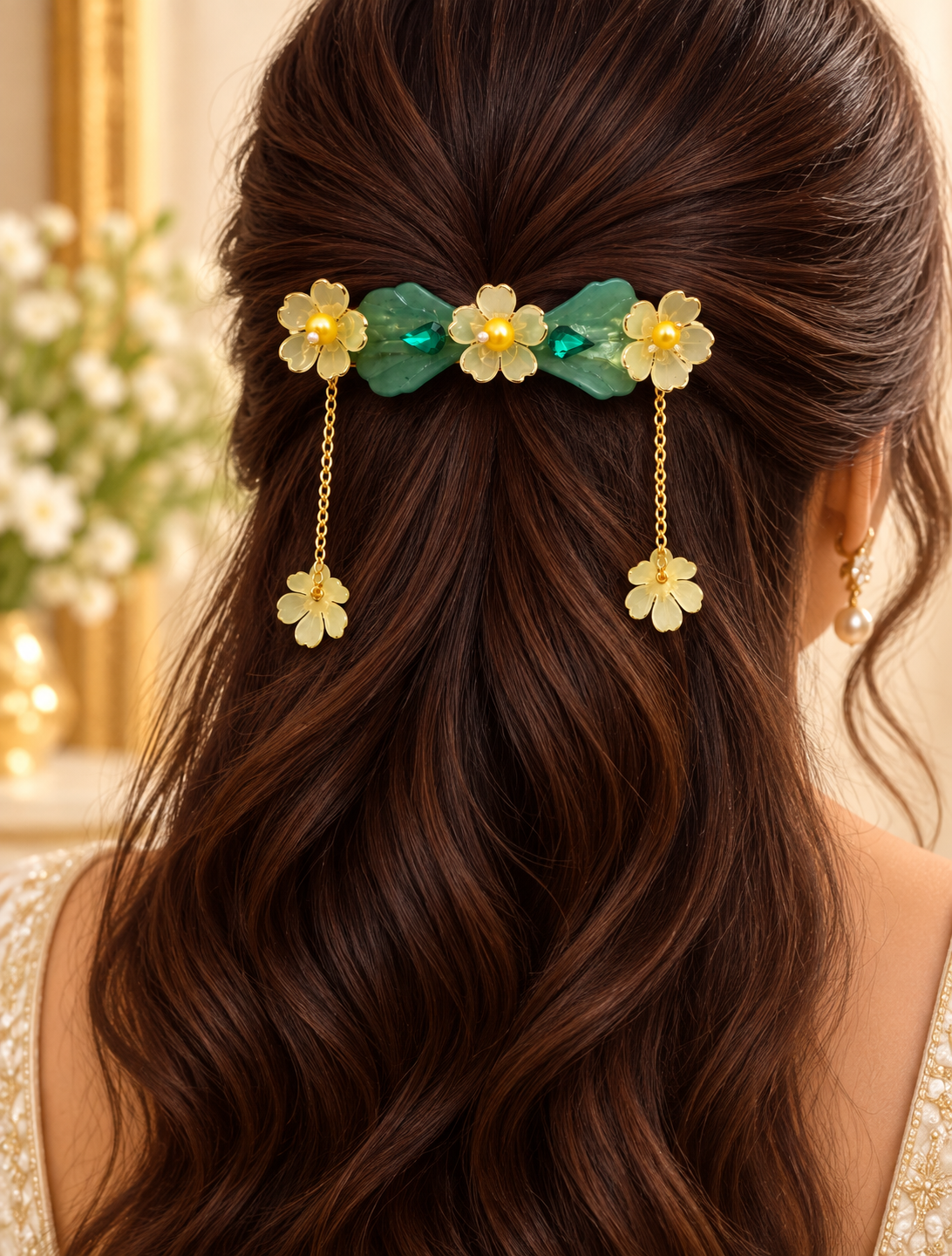 AABHA VANLATA Green yellow Floral Pearl Hair Accessory | Handmade Statement Hair Clip