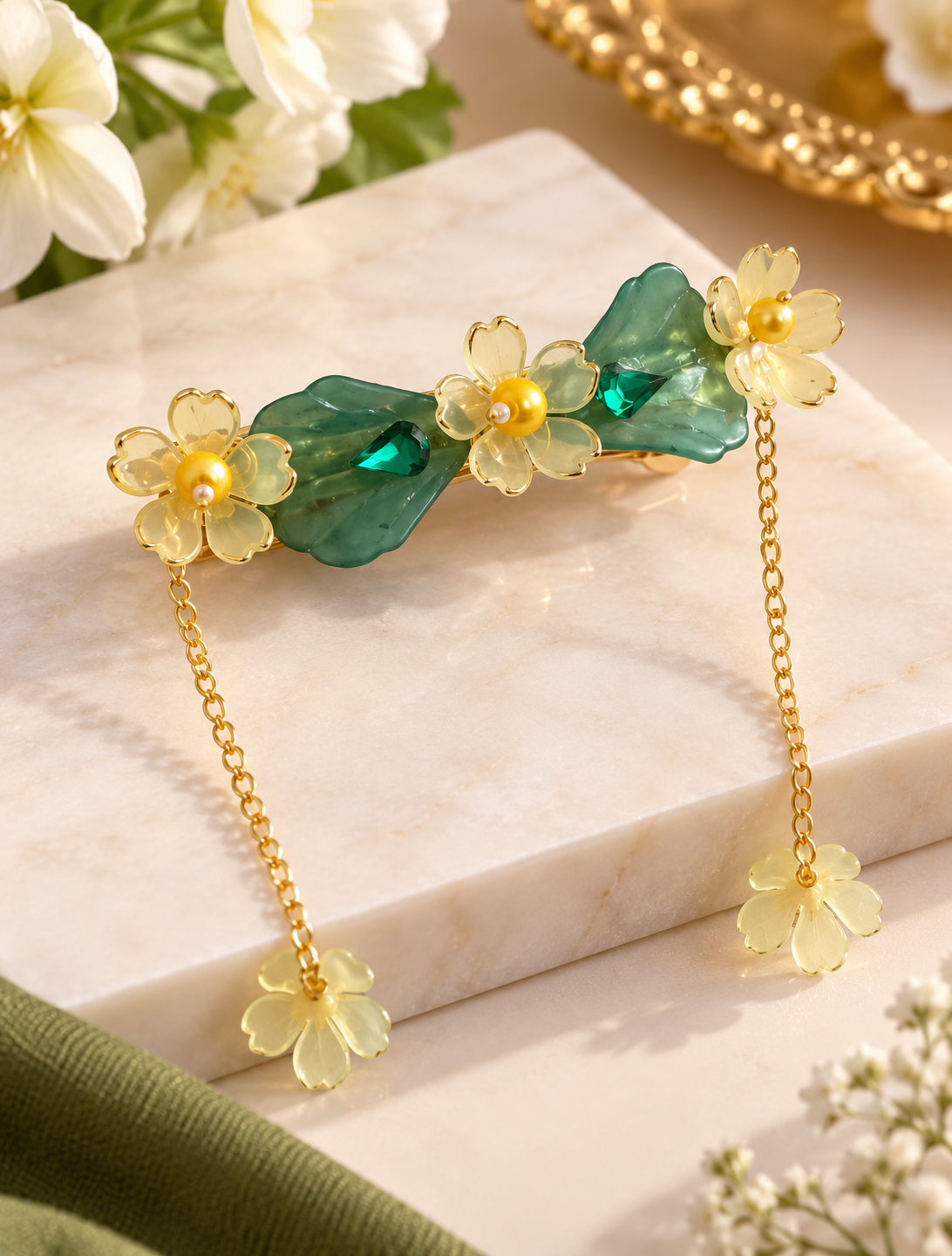AABHA VANLATA Green yellow Floral Pearl Hair Accessory | Handmade Statement Hair Clip