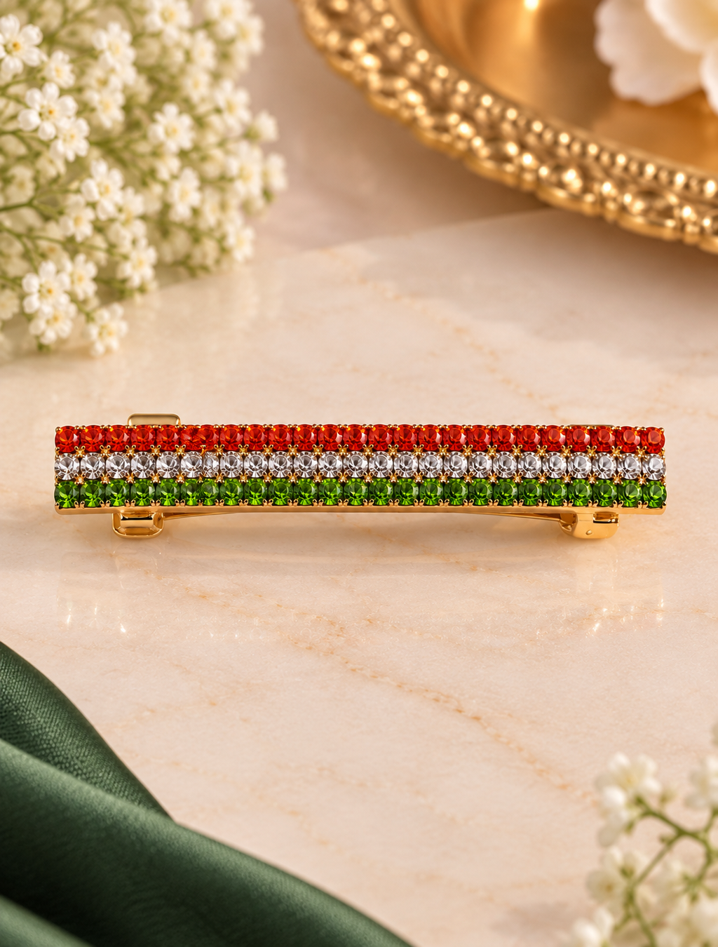 AABHA TRIVARNA. Tricolour Orange White Green Crystal Gold Barrette Hair Clip