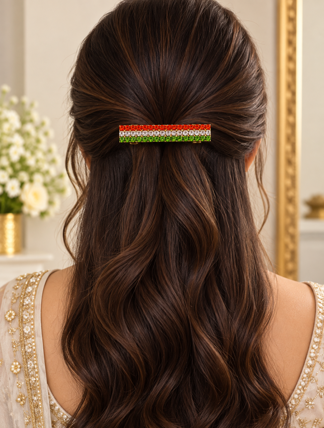AABHA TRIVARNA. Tricolour Orange White Green Crystal Gold Barrette Hair Clip