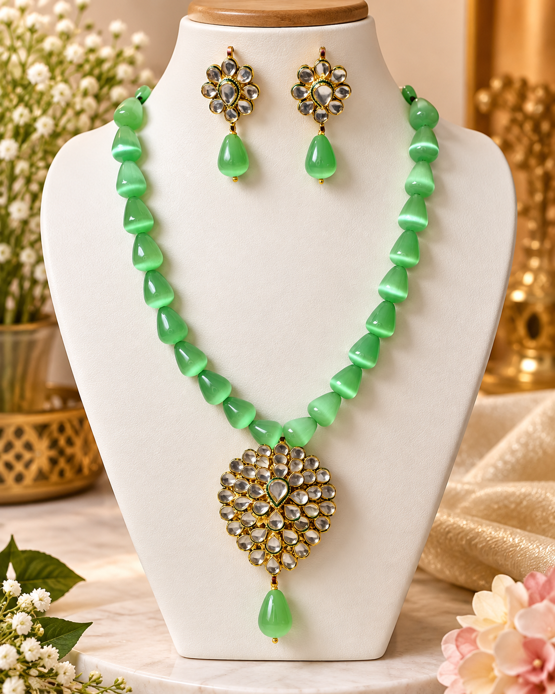 AABHA ANUPAMA Green Mona Lisa Beads Kundan Necklace Set with Matching Earrings
