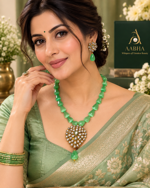 AABHA ANUPAMA Green Mona Lisa Beads Kundan Necklace Set with Matching Earrings