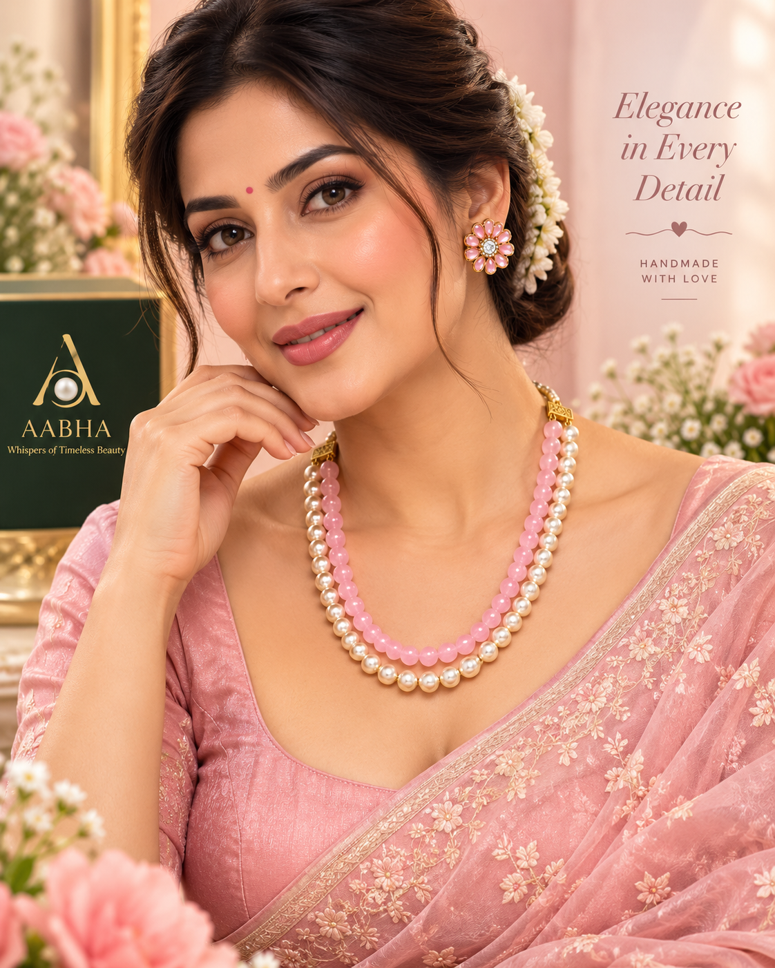 AABHA   ARUNIMA Pink Double-Layer Pearl Mala with Kundan Stud Earrings