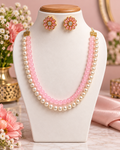 AABHA   ARUNIMA Pink Double-Layer Pearl Mala with Kundan Stud Earrings