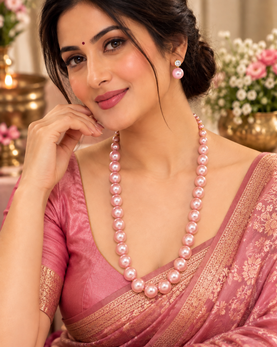 AABHA PATAL  Baby Pink Oval Shell Pearl Mala with Adjustable Dori