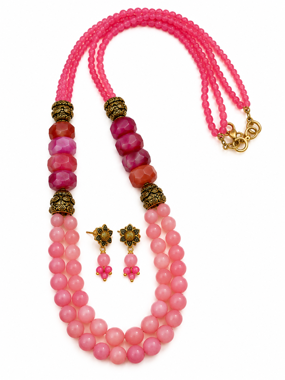 AABHA. PADAMRAG Pink Onyx 26-Inch Long Mala with Antique Gold Floral Earrings