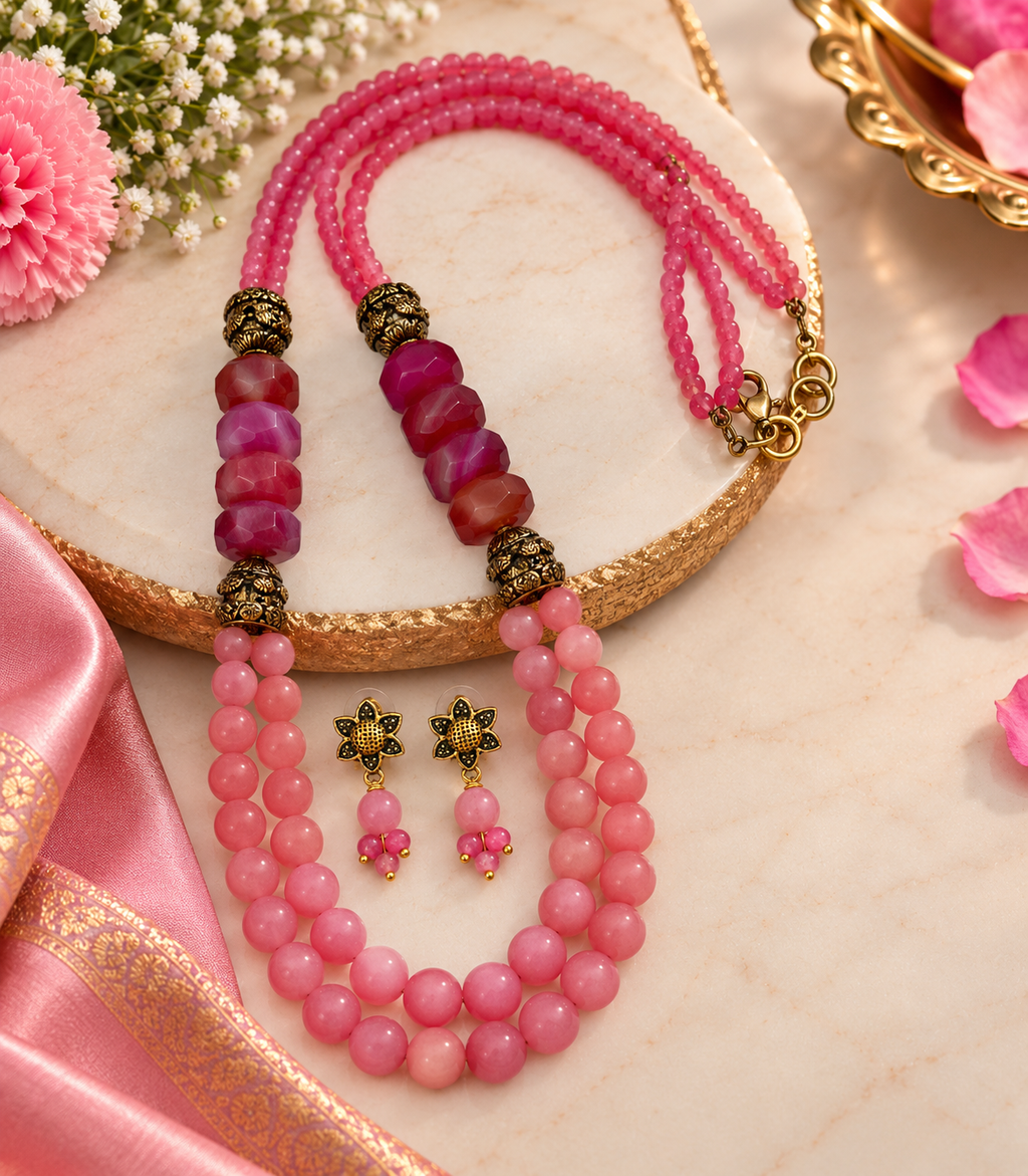 AABHA. PADAMRAG Pink Onyx 26-Inch Long Mala with Antique Gold Floral Earrings