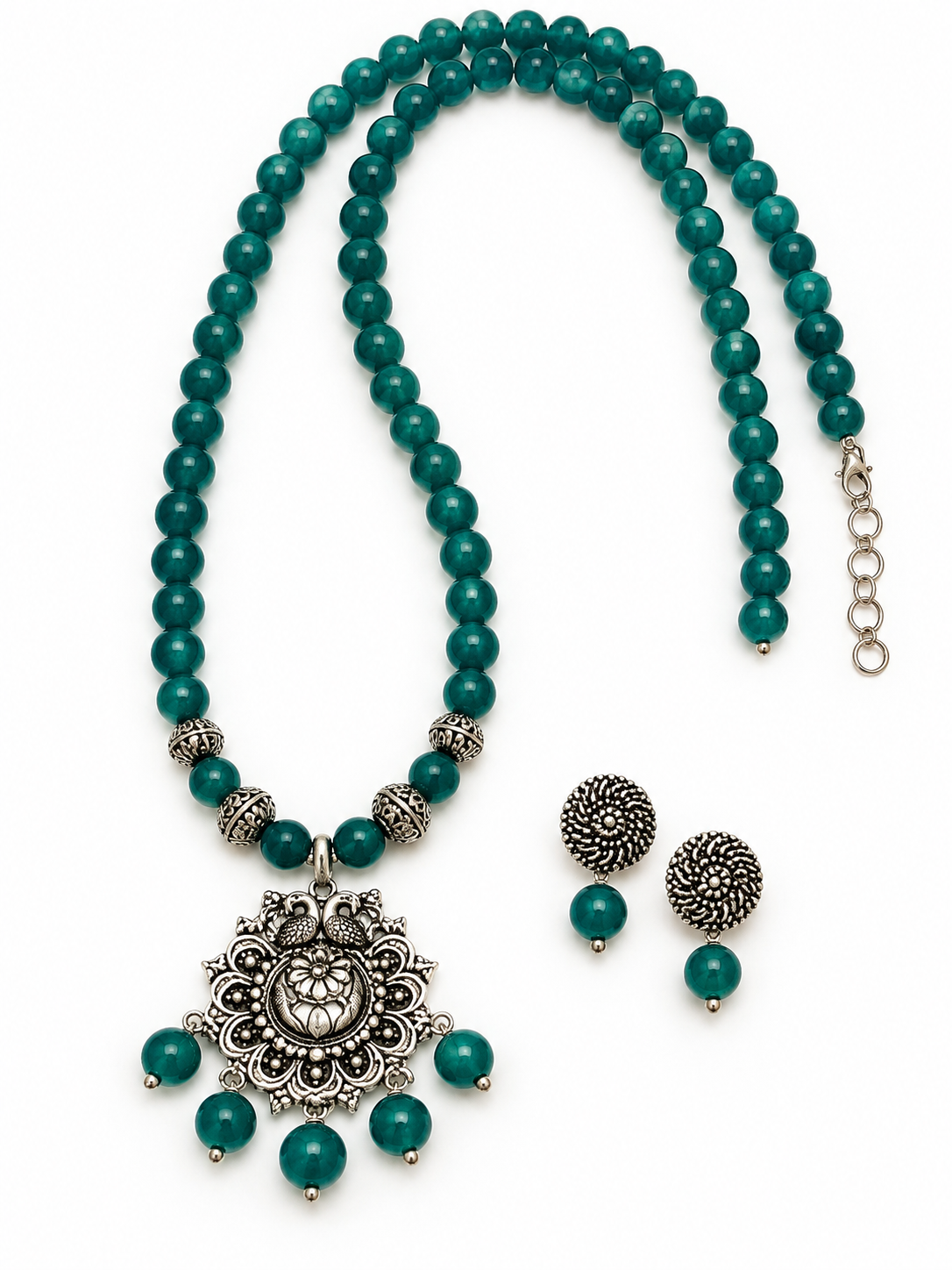 AABHA TARANGINI Teal Grey Glass Bead Mala Necklace Set with Oxidised Silver Pendant & Matching Stud Earrings