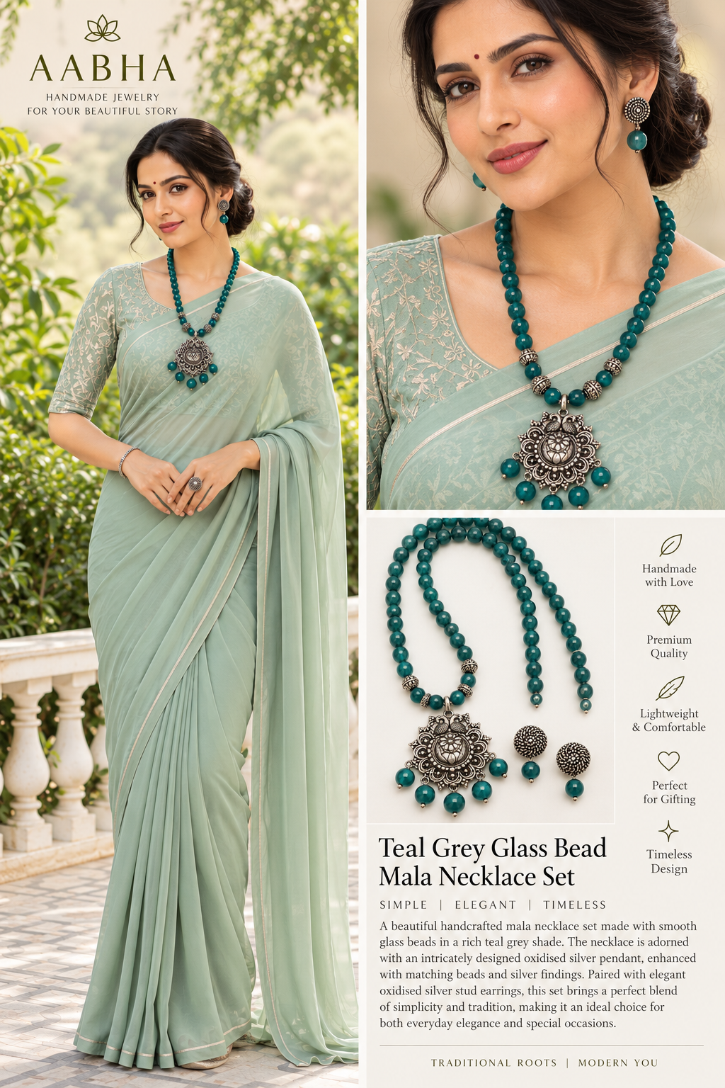 AABHA TARANGINI Teal Grey Glass Bead Mala Necklace Set with Oxidised Silver Pendant & Matching Stud Earrings