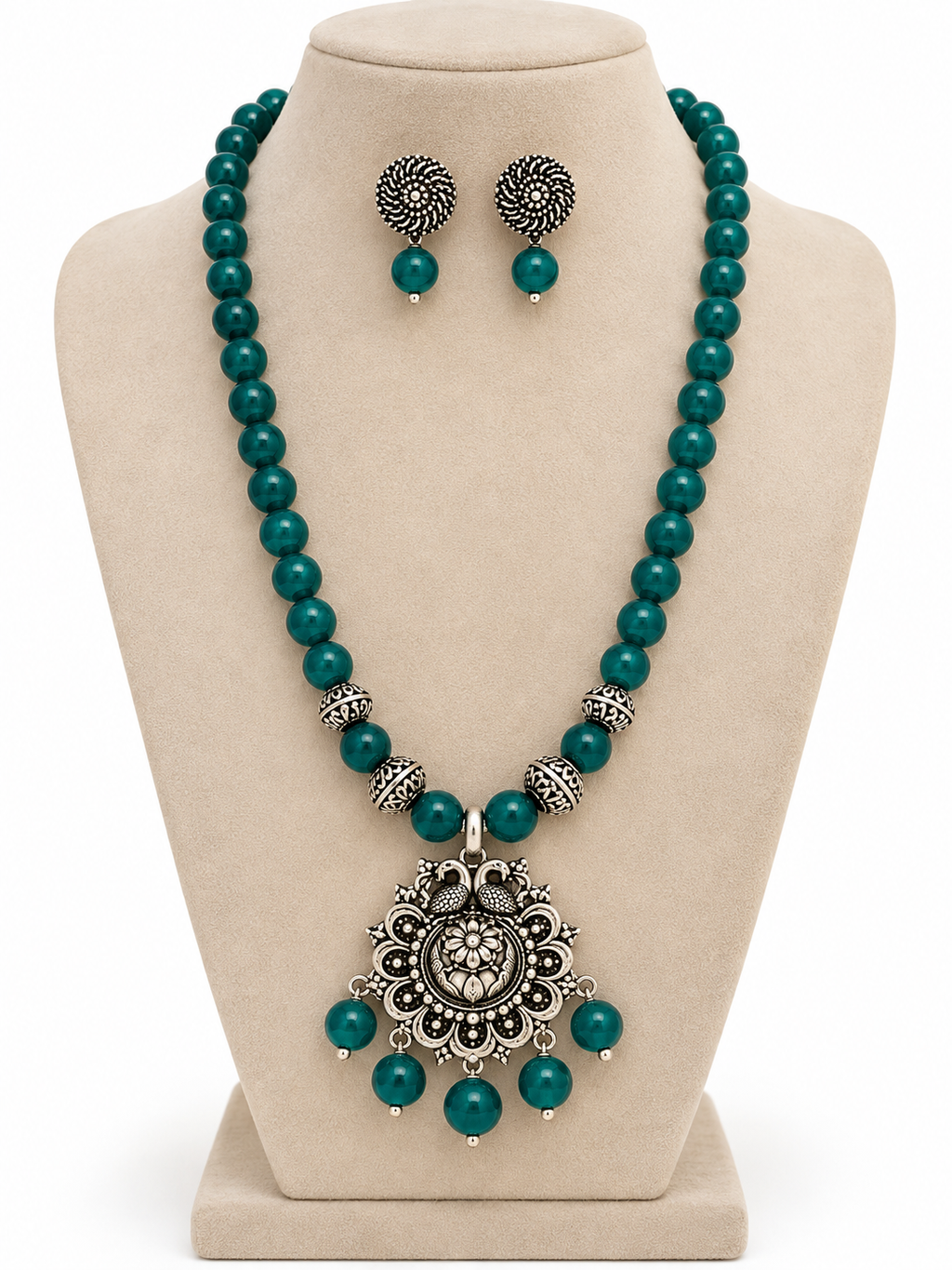 AABHA TARANGINI Teal Grey Glass Bead Mala Necklace Set with Oxidised Silver Pendant & Matching Stud Earrings