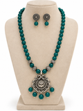 AABHA TARANGINI Teal Grey Glass Bead Mala Necklace Set with Oxidised Silver Pendant & Matching Stud Earrings